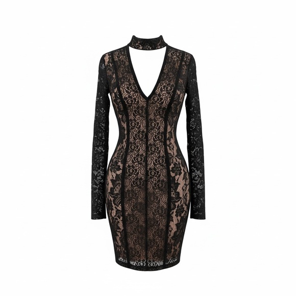 bebe Black Lace Nude Lined Choker Plunge V Long Sleeve Mini Dress Small - Picture 3 of 10